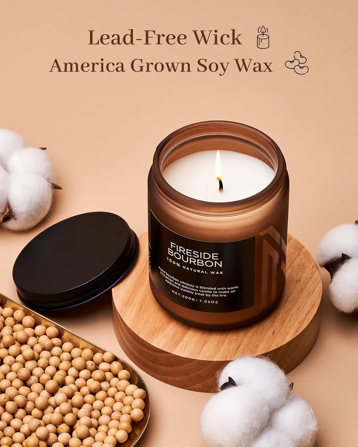 M&SENSE Fireside Bourbon Clean Non-Toxic Soy Wax Campfire Smoky Candle, Cotton Fall Scented Candle for Home Decor, 7.05oz Up to 50 Hours Burn Time Aromatherapy Gift for Bathroom