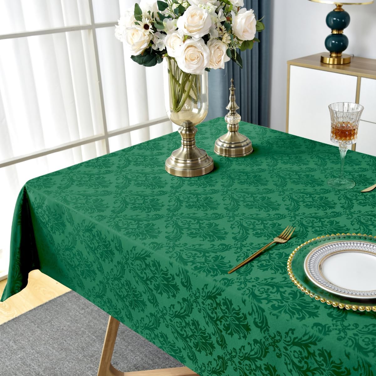 SASTYBALE Jacquard Tablecloth Rectangle, Damask Table Cloth SpillProof Wrinkle Resistant Tablecloths, Soft Polyester Oblong Table Cover for Kitchen, Dinner, Parties (Dark Green, 60X84)