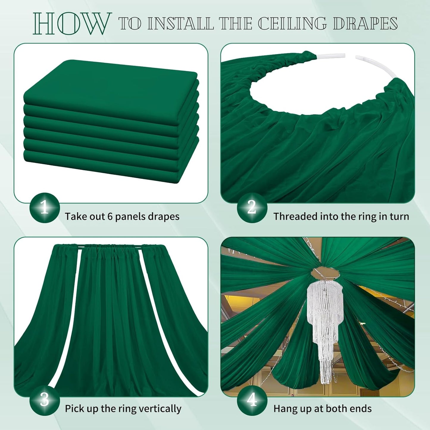 6 Panels Emerald Green Ceiling Drapes for Wedding 5ftx20ft Chiffon Fabric Arch Draping Curtains Sheer Drapery for Party Ceremony Birthday Baby Shower Reception Stage Swag Ceiling Decorations