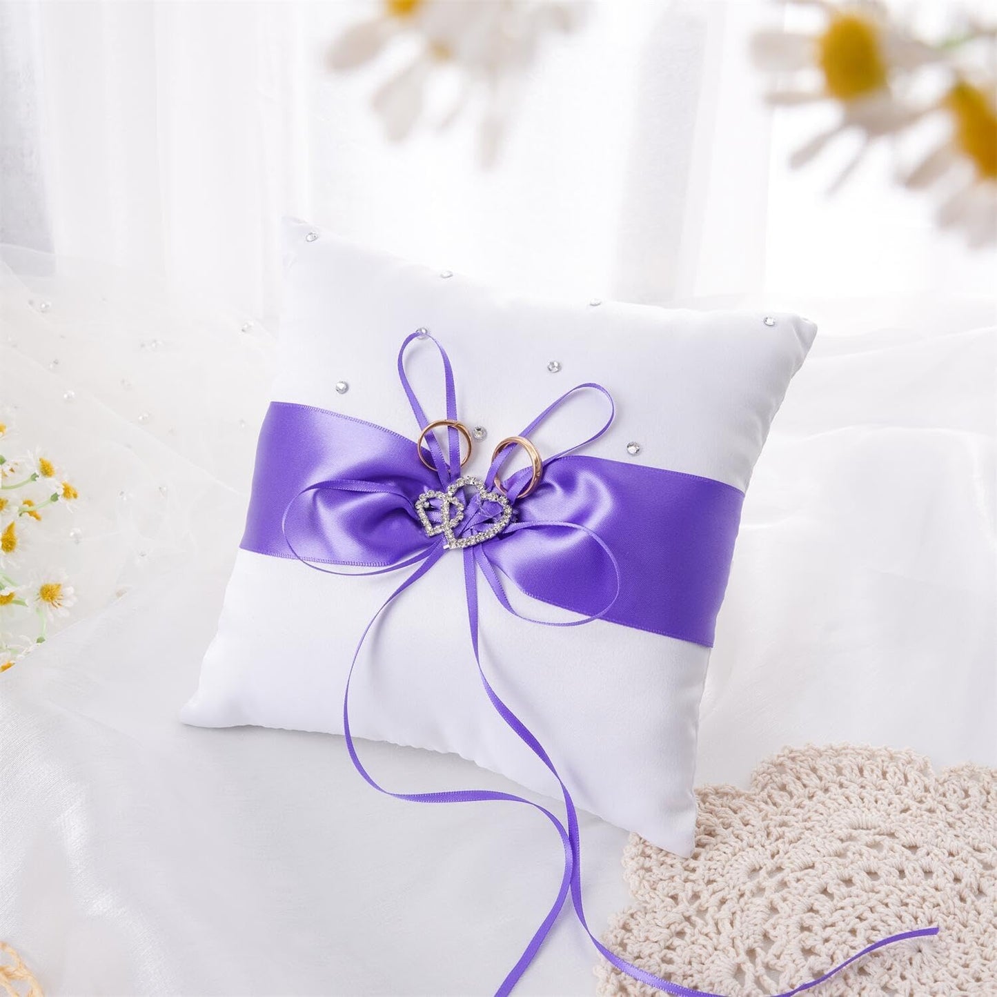 QIRMIZI Ring Pillow,Pearls Ring Cushion, Ring Bearer, Ring Holder for Beach Wedding, Wedding Ceremony, Proposal,Purple
