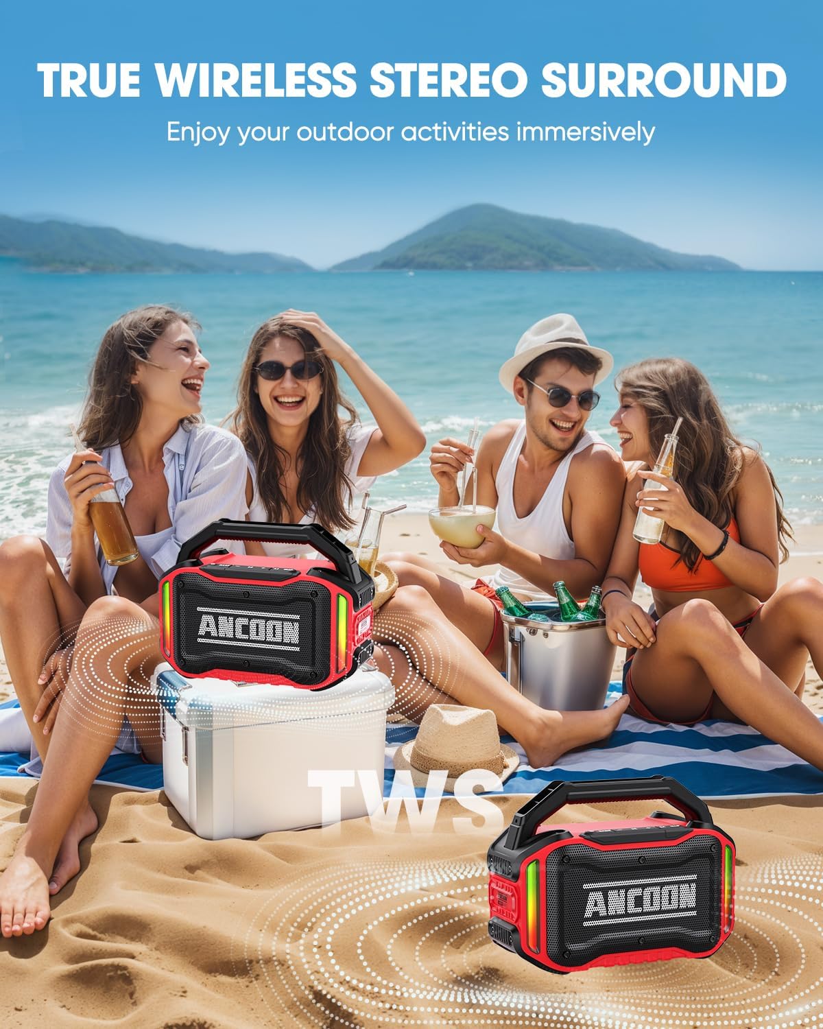 Speakers Bluetooth Wireless: 80W(Peak) Loud Speaker with Bass, 20H Playtime, IPX6 Waterproof, Large Jobsite Speakers for Work, Outdoor, Workshop, Garage, Portable Speaker with TWS (Red)