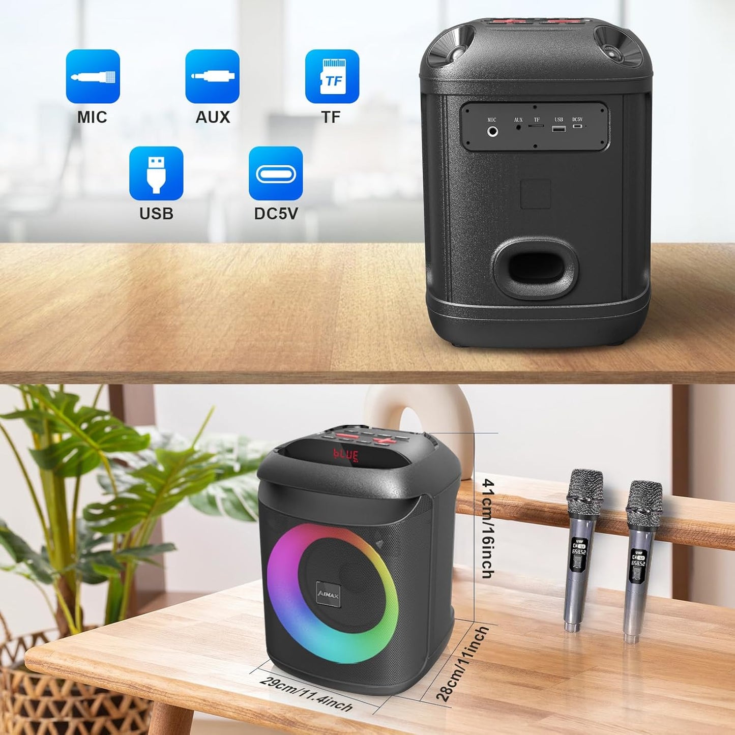 AIMAX Karaoke Machine with Bluetooth and Two Wireless Microphones, Portable Speaker for Home & Outdoor Parties, 7-Hour Battery Life, Mic/AUX/USB/TF Support, Perfect for Kids & Adults Singing