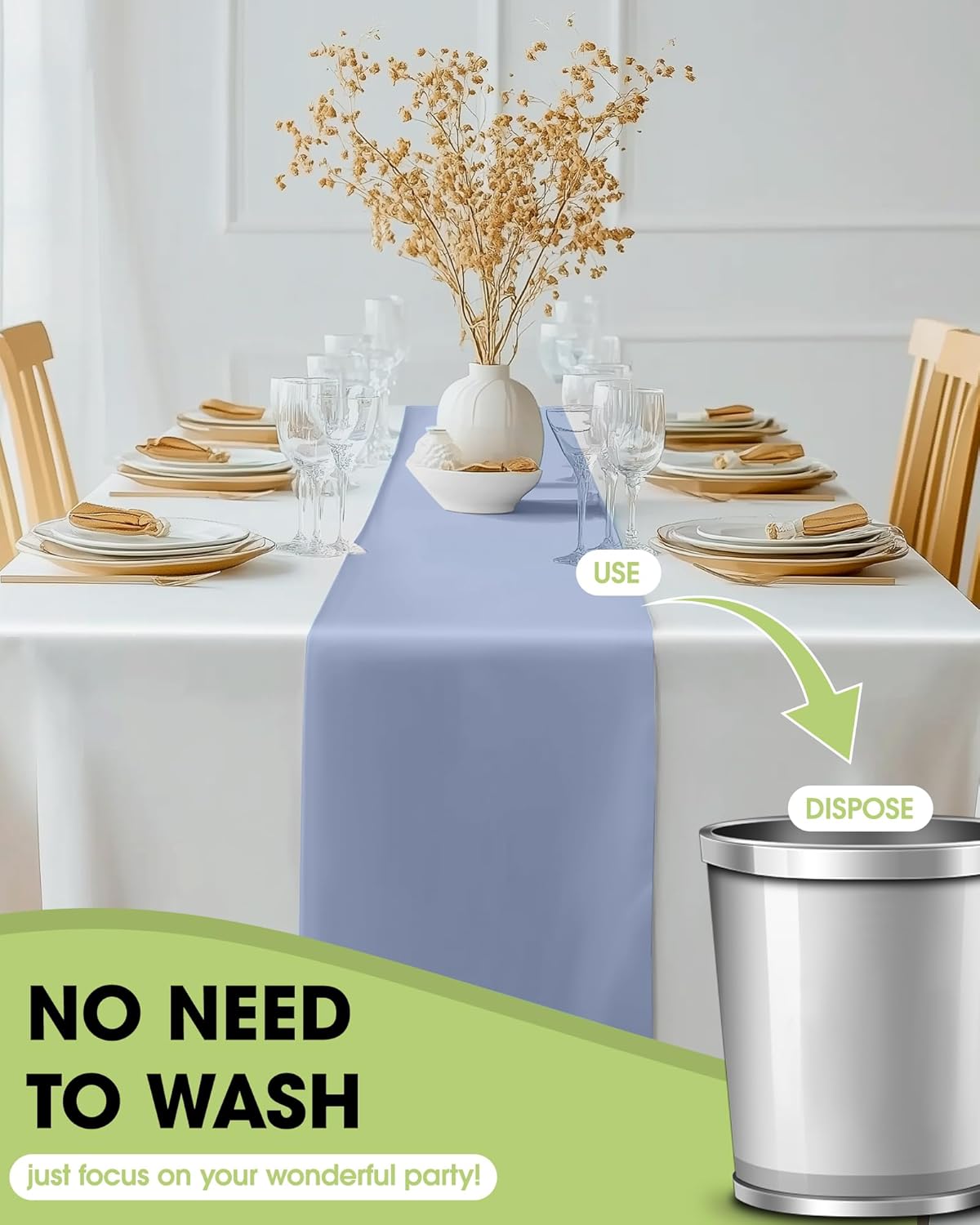 Pureegg Dusty Blue Plastic Table Runners - 20 Pack, 14'' x 108'', Water Resistant & Disposable Centerpiece Decorations for Table Cloth, Wedding, Birthday, Holiday, Baby Shower, Party, Home Decor