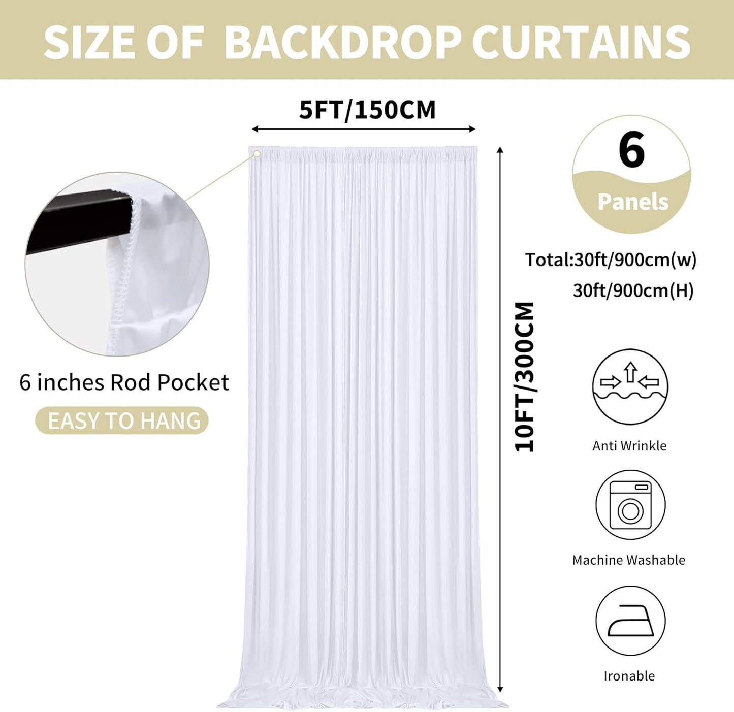 30x10ft Backdrop Curtains for Parties, 6 Panels 5x10ft Photography Backdrop Curtain with Rod Pocket,Backdrop Polyester Background Drapes,Wedding Backdrop Drapes for Birthday Baby Shower Home Decor