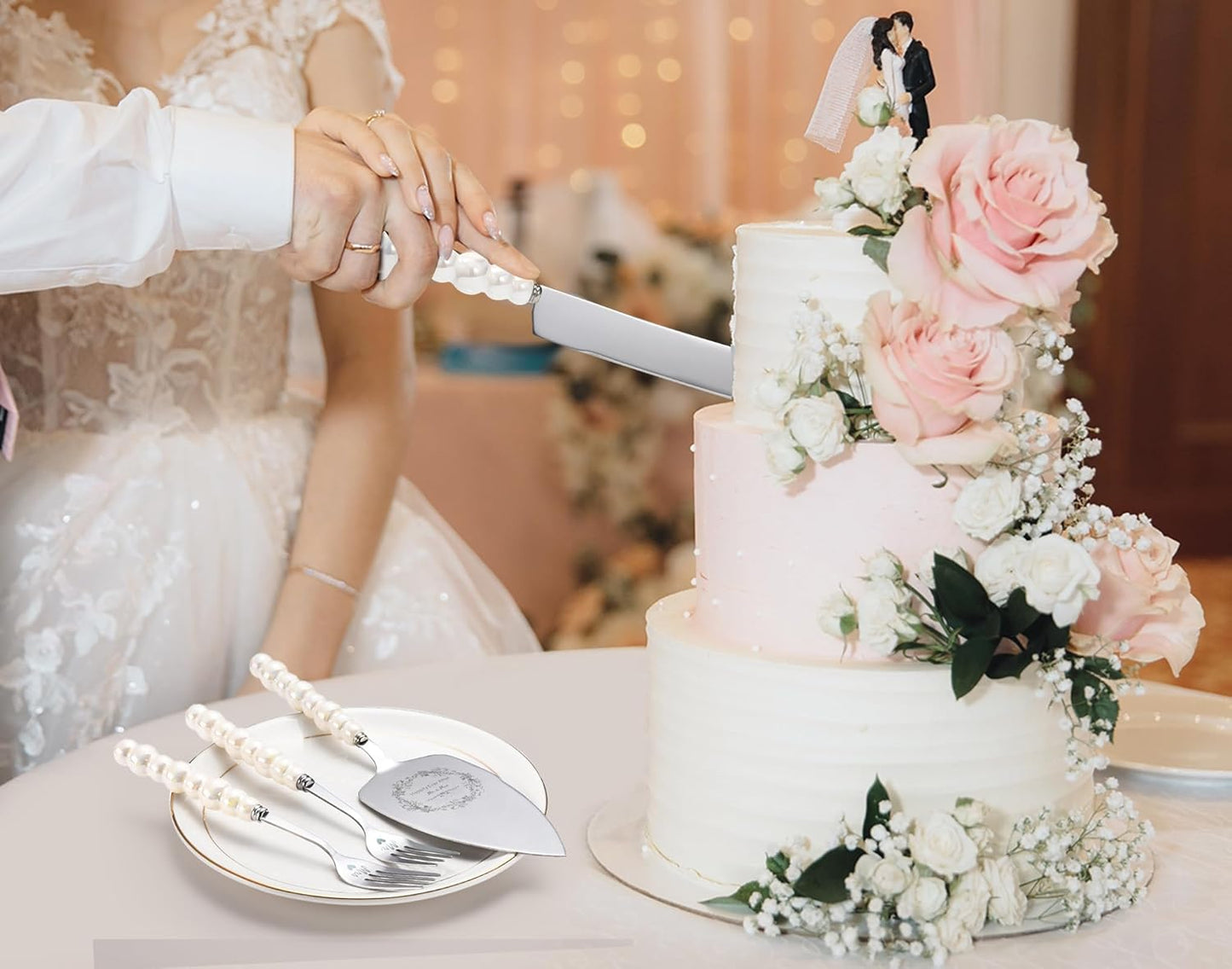 Wedding Cake Knife and Server Set,Ceramic Pearl Handle Cake Cutting Set for Weddings, Engagements, Anniversaries, and Engagement Gifts for Couples
