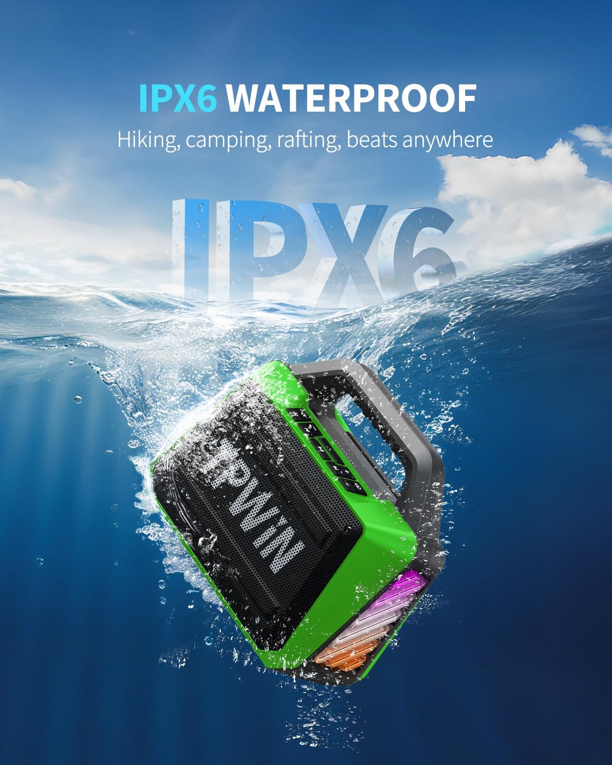 Bluetooth Speaker - 80W Loud Rugged Outdoor Speakers, IPX6 Waterproof, 20H Playtime, Deep Bass, Lightshow, TWS, BT 5.3 Wireless, Portable for Travel Hiking Camping Beach Pool - Green
