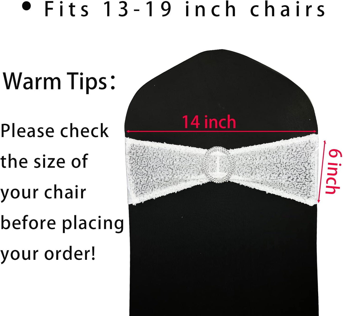 25 Pcs Sequin Chair Sashes Stretch Chair Bands Spandex Polyester Bows for Party Hotel Wedding Banquets Decoration - White