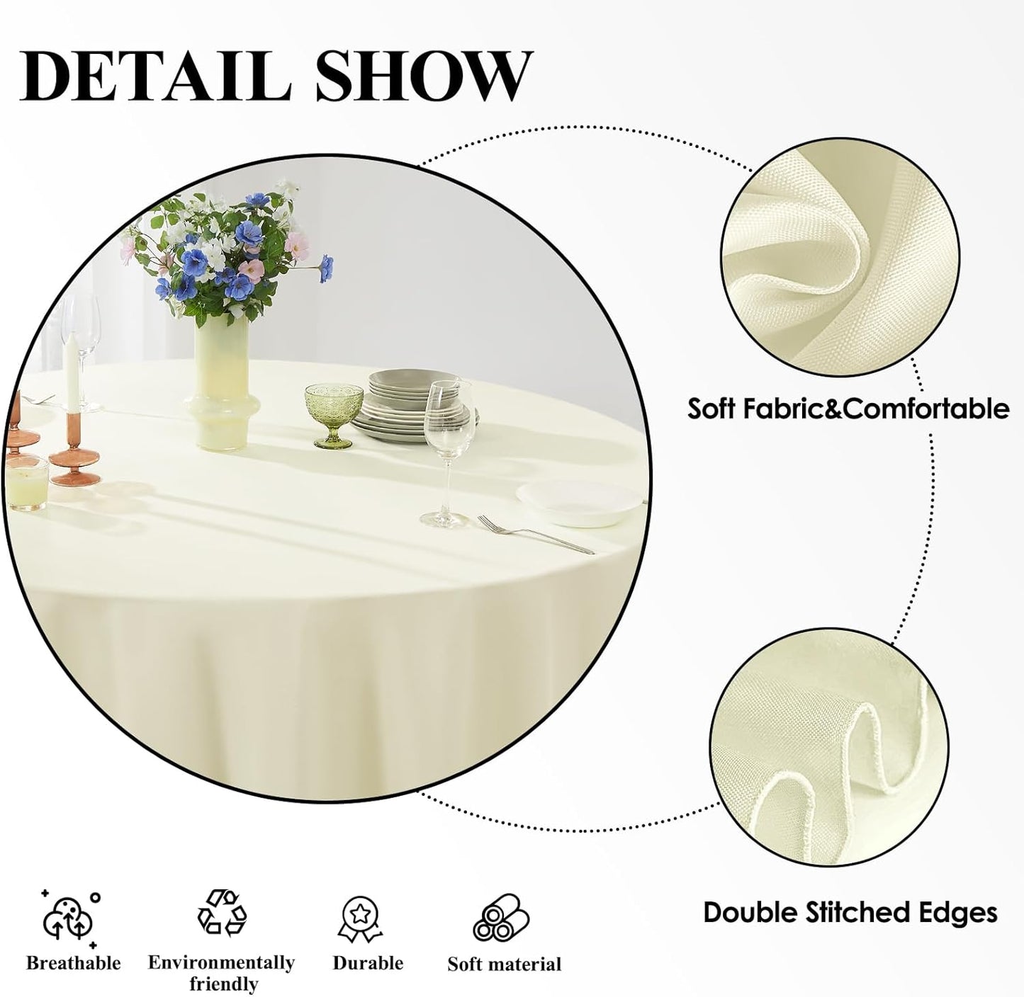 Round Tablecloth 132 Inch 8 Pack Ivory Tablecloths Washable Decorative Linen Polyester Table Clothes Cover for Dining Table Banquets Buffet Parties and Wedding