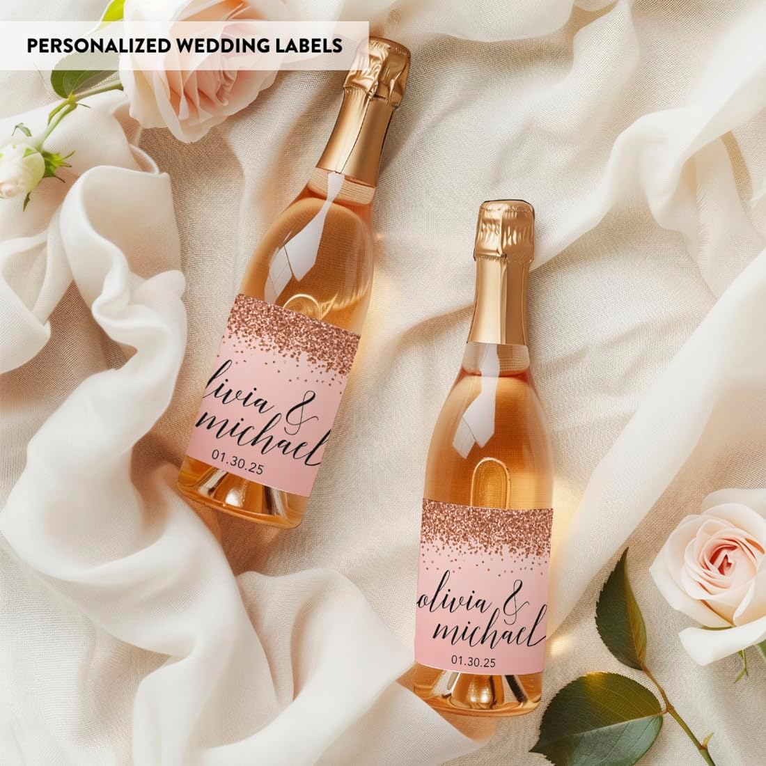 Andaz Press Personalized Mini Champagne Wine Bottle Labels, Blush Pink Faux Rose Gold Glitter Elegant, 20-Pack, Custom Wine Labels for Bottles Custom Champagne Labels Personalized Wine Labels