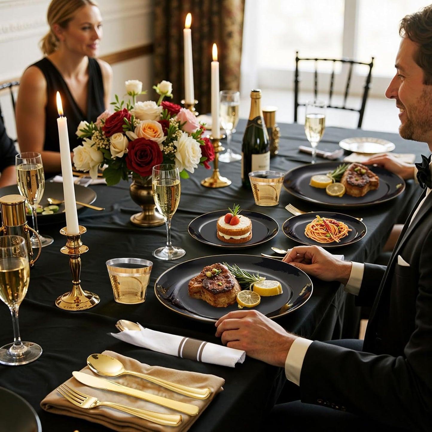 KIRE 175Pcs Black Plates Disposable - Heavy Duty Black and Gold Plastic Plates- 25 for Dinner 25 for Dessert 25 Pre Rolled Gold Silverware and 25 Cups for Birthday Party/Halloween/New Year