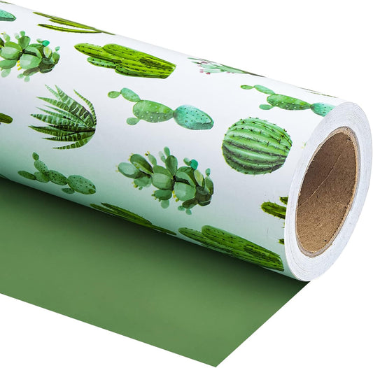 WRAPAHOLIC Reversible Cactus Wrapping Paper - Mini Roll - 17 Inch X 33 Feet - Watercolor Green Cactus Hawaii Wrapping Paper for Birthday, Wedding, Bridal Shower, Baby Shower