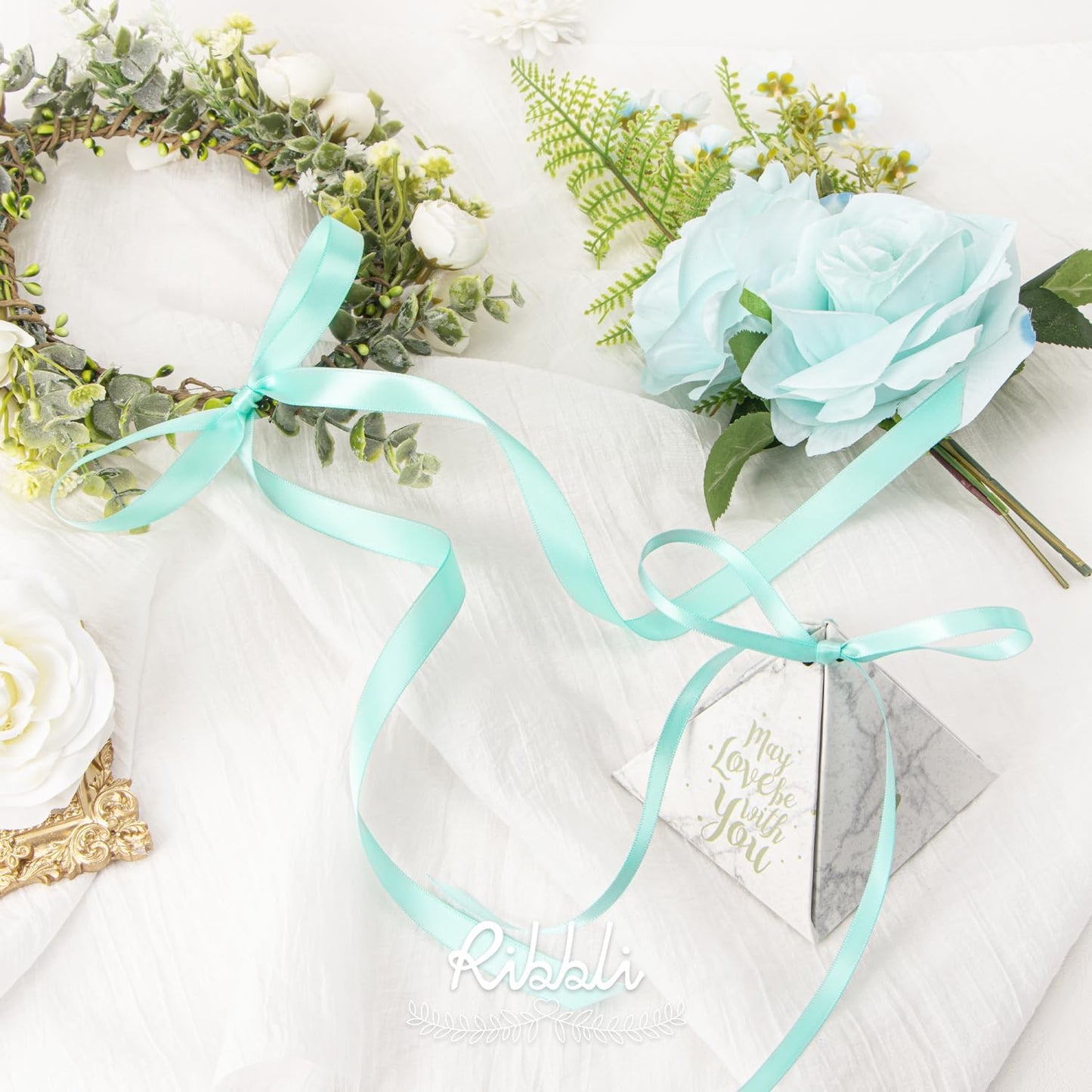 Ribbli Aqua Blue Double Faced Satin Ribbon,1/4” x Continuous 25 Yards,Use for Bows Bouquet,Gift Wrapping,Wedding Cards Decorating