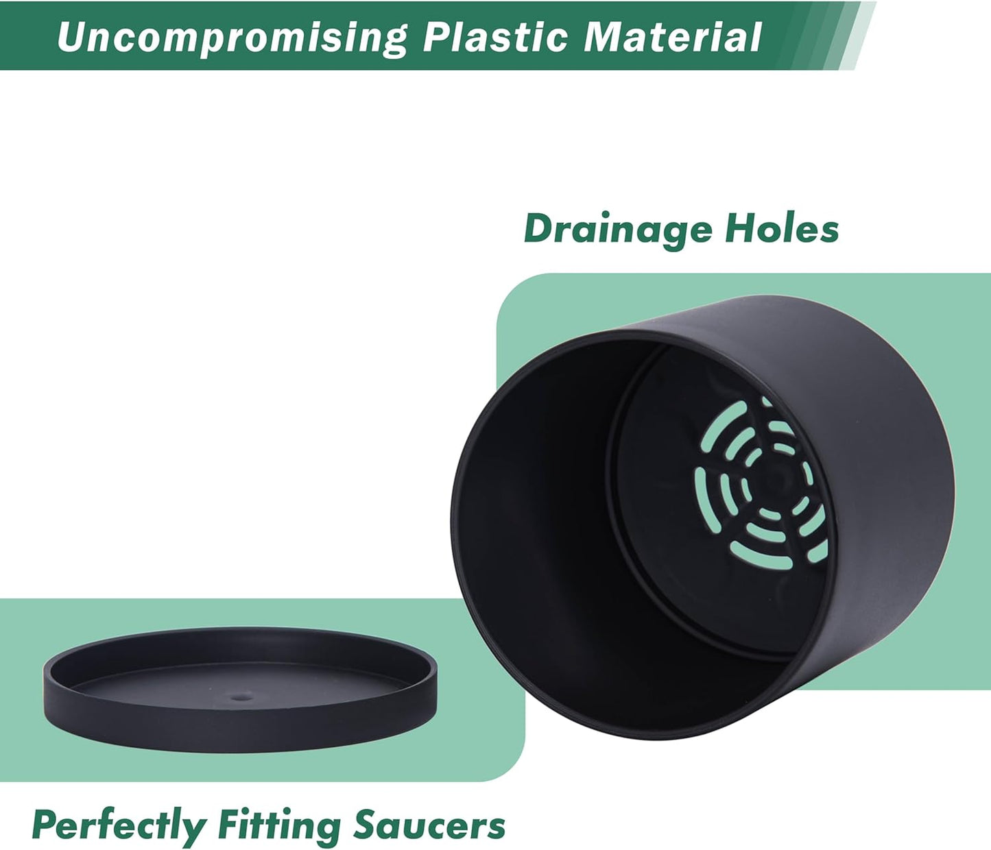 D'vine Dev 4 Pack 5 Inch Modern Plastic Plant Pots, Small Garden Planters for Plant with Drainage Holes and Saucers, Black Color, 74-Y-G-2