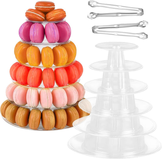 OMISTAR 2 PCS 6-Tier Clear Macaron Display Stands, Plastic Macaron Tray Tower with Stainless Steel Serving Tongs, Transparent Cupcake Dessert Stand for Weddings, Birthday Parties, Bakeries