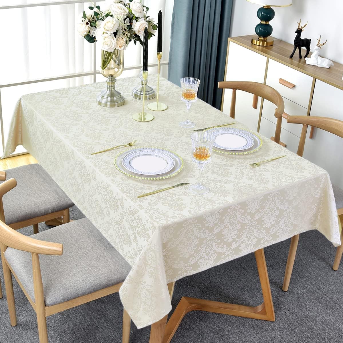 SASTYBALE Rectangle Tablecloth - 60 x 84 Inch Beige Cream Damask Table Cloth Jacquard Design Spill Proof Wrinkle Resistant Waterproof Soft Polyester Oblong Table Cover for Kitchen Parties(Ivory)