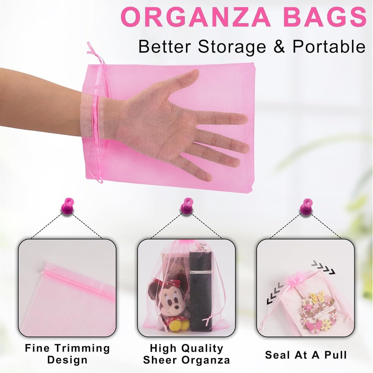 ANZNKU 50 Pack Sheer Organza Bags 6x9 inches, Mesh Drawstring Bags, Mesh Bag for Gifts Large Organza Favor Bag Drawstring for Party Wedding Christmas(Pink)