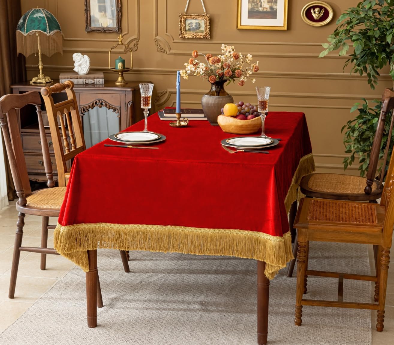 F-CHU Red Tablecloth Thickset Velvet Tablecloth with Beautiful Gold Tassels Vintage Table Cloth for Home Decor Wedding, Party, Banquet and Events 60x120-Inch