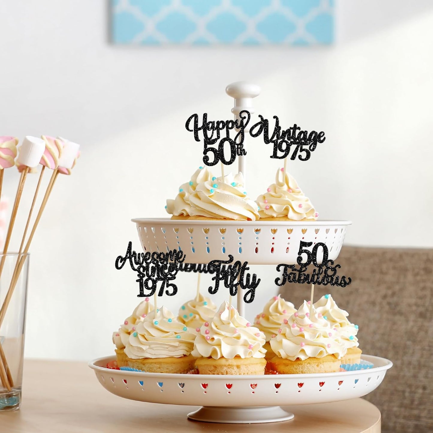 30Pcs Happy 50th Birthday Cupcake Toppers Glitter Fifty Vintage 1975 Cupcake Picks Cheers to 50 Fabulous Cake Decorations for 50th Birthday Wedding Anniversary Party Supplies Black
