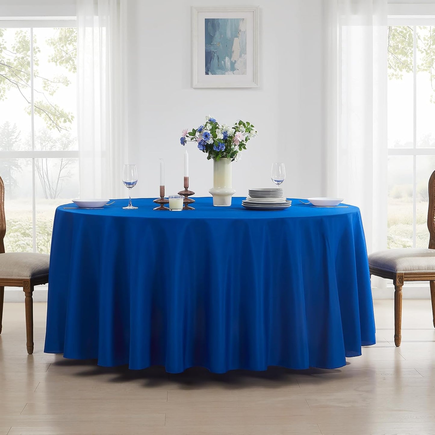 Round Tablecloth 2 Pack 108 Inch Royal Blue Tablecloths Washable Decorative Linen Polyester Table Clothes Cover for Dining Table Banquets Buffet Parties and Wedding