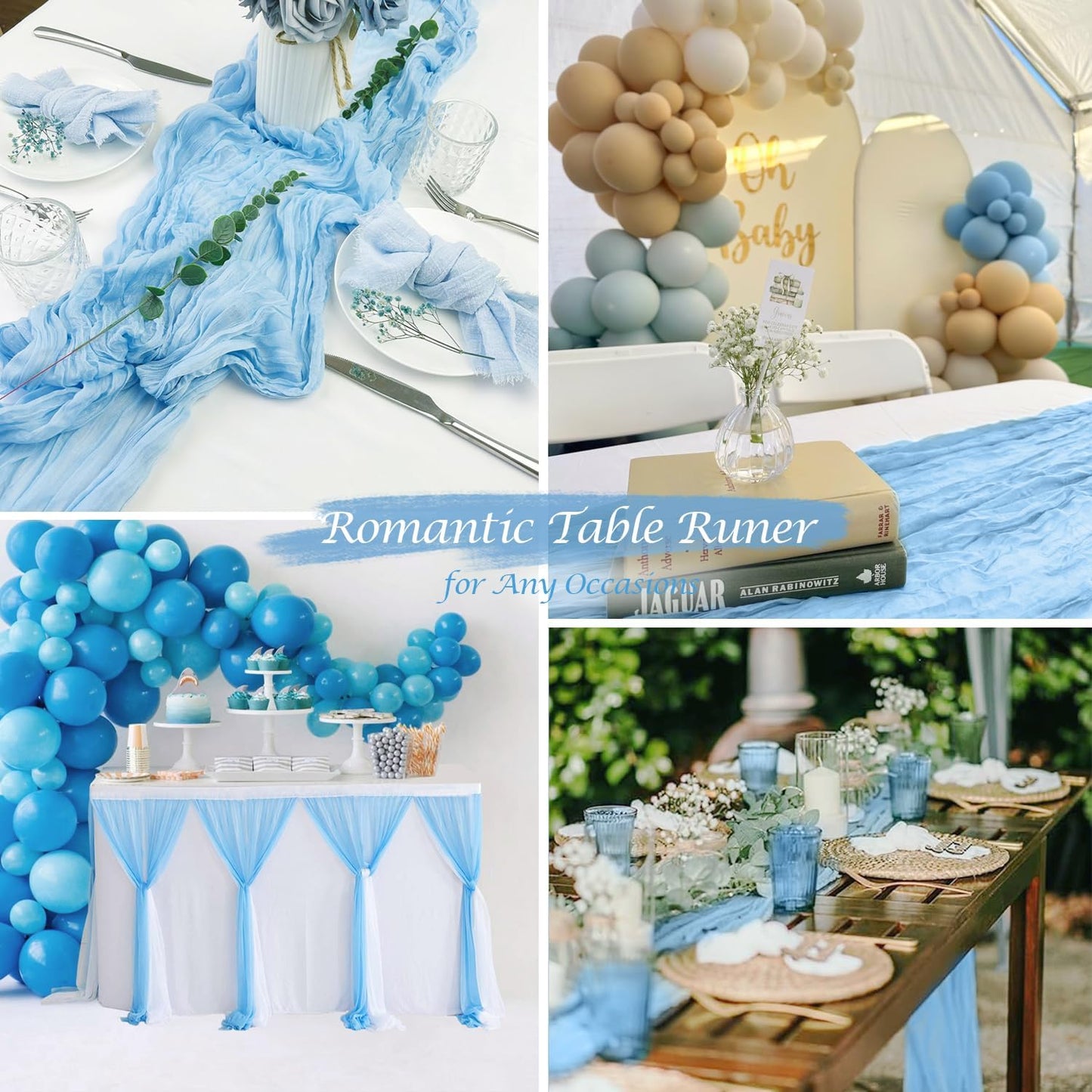 6 Pack Baby Blue Cheesecloth Table Runner 120 inch Gauze Cheese Cloth Table Runner Light Blue 10FT Boho Sheer Runner for Wedding Party Baby Shower Birthday Boy's Room Home Decor