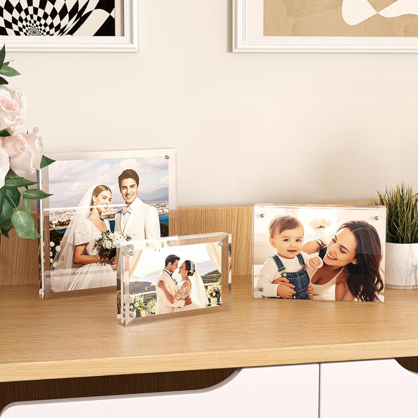 Egofine 8x8 Acrylic Frame, 20mm Thicker Frameless Clear Picture Frame, Double Sided Magnetic Picture Frame, Free Standing Desktop Display