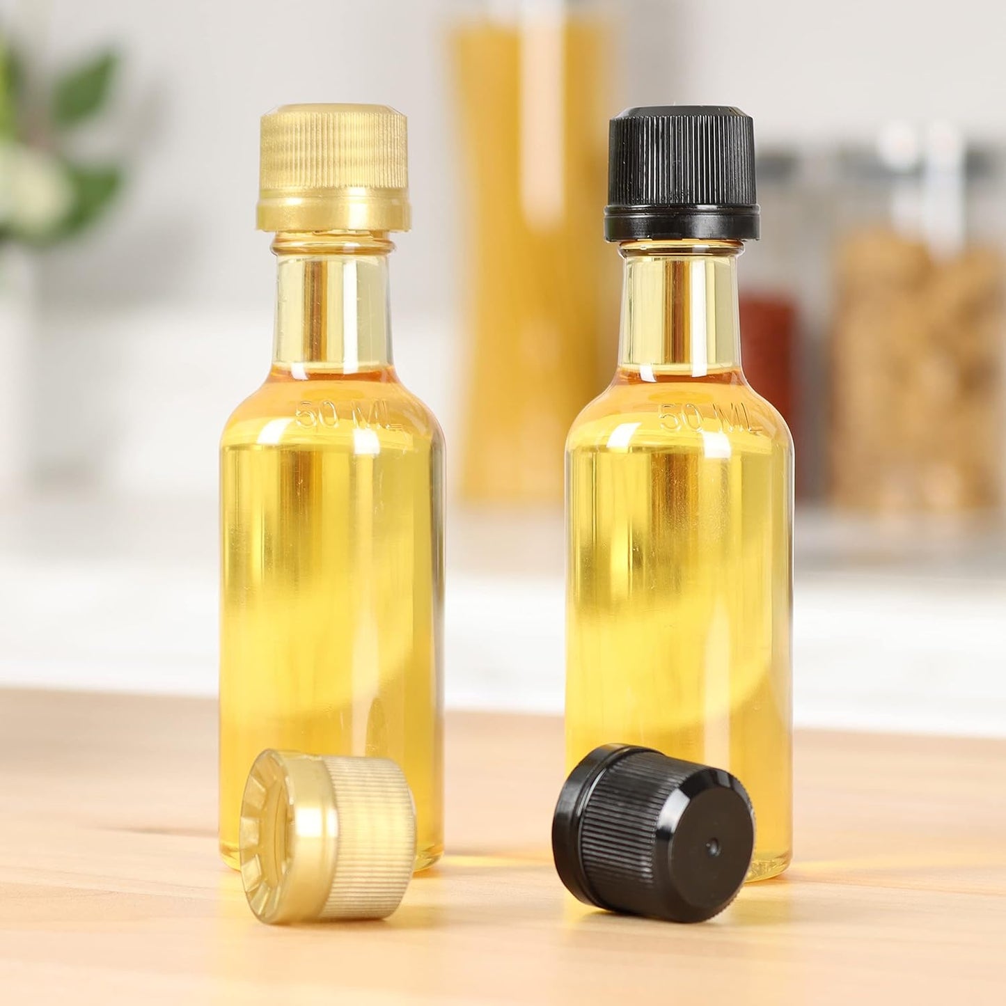 50 ml (1.7 Oz.) 120 Pack Round PET Clear Small Plastic Bottle with Tamper Evident Caps, Food Grade for Liquor, Wellness Shots, Sauce (Gold Lids)