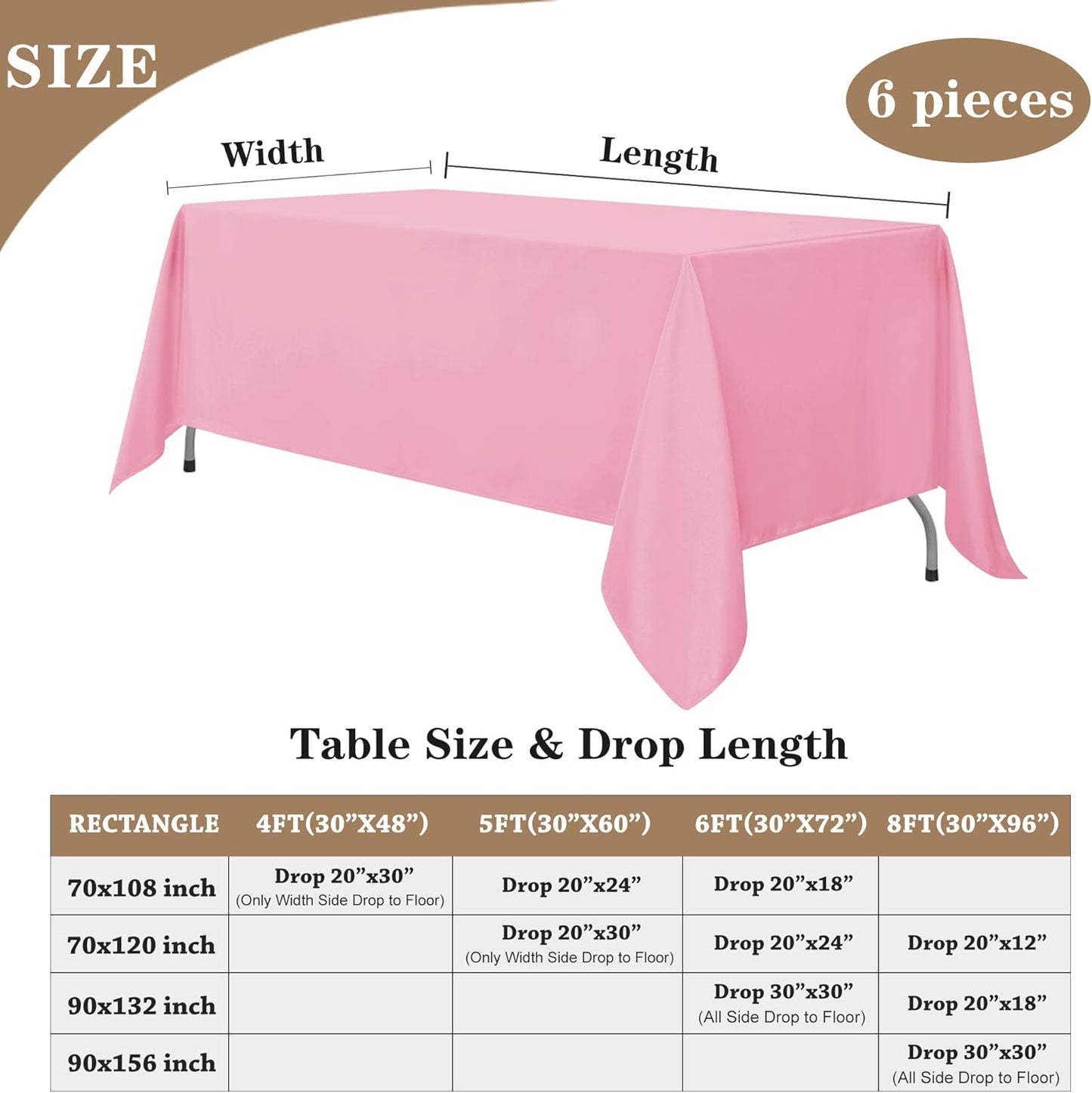 Fitable Pink Rectangle Tablecloths for 6 Foot Tables, 6 Pack - 70 x 108 Inches - Stain Resistant and Washable Table Clothes, Polyester Fabric Table Covers for Wedding, Party, Banquet, Buffect