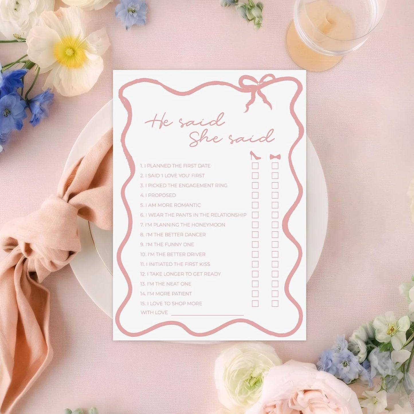 DEEKA 30 PCS Bridal Shower Games Card for 30 Guests White Pink Wavy Border Ribbon Bow Funny Wedding Bachelorette Party Games for Reception (He Said She Said)