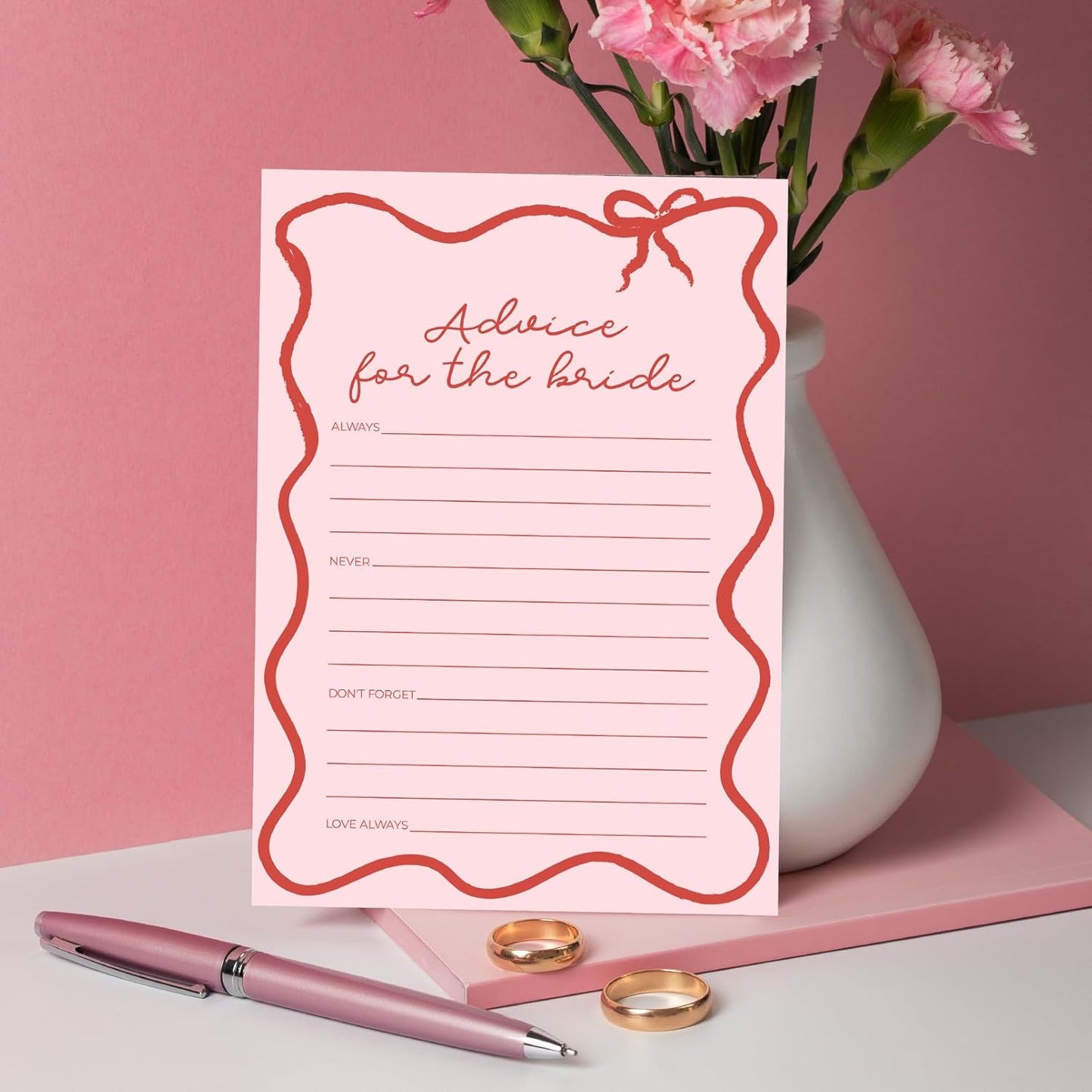 DEEKA 30 PCS Bridal Shower Games Card for 30 Guests Pink Wavy Border Ribbon Bow Funny Wedding Bachelorette Party Games for Reception (Advice for The Bride)