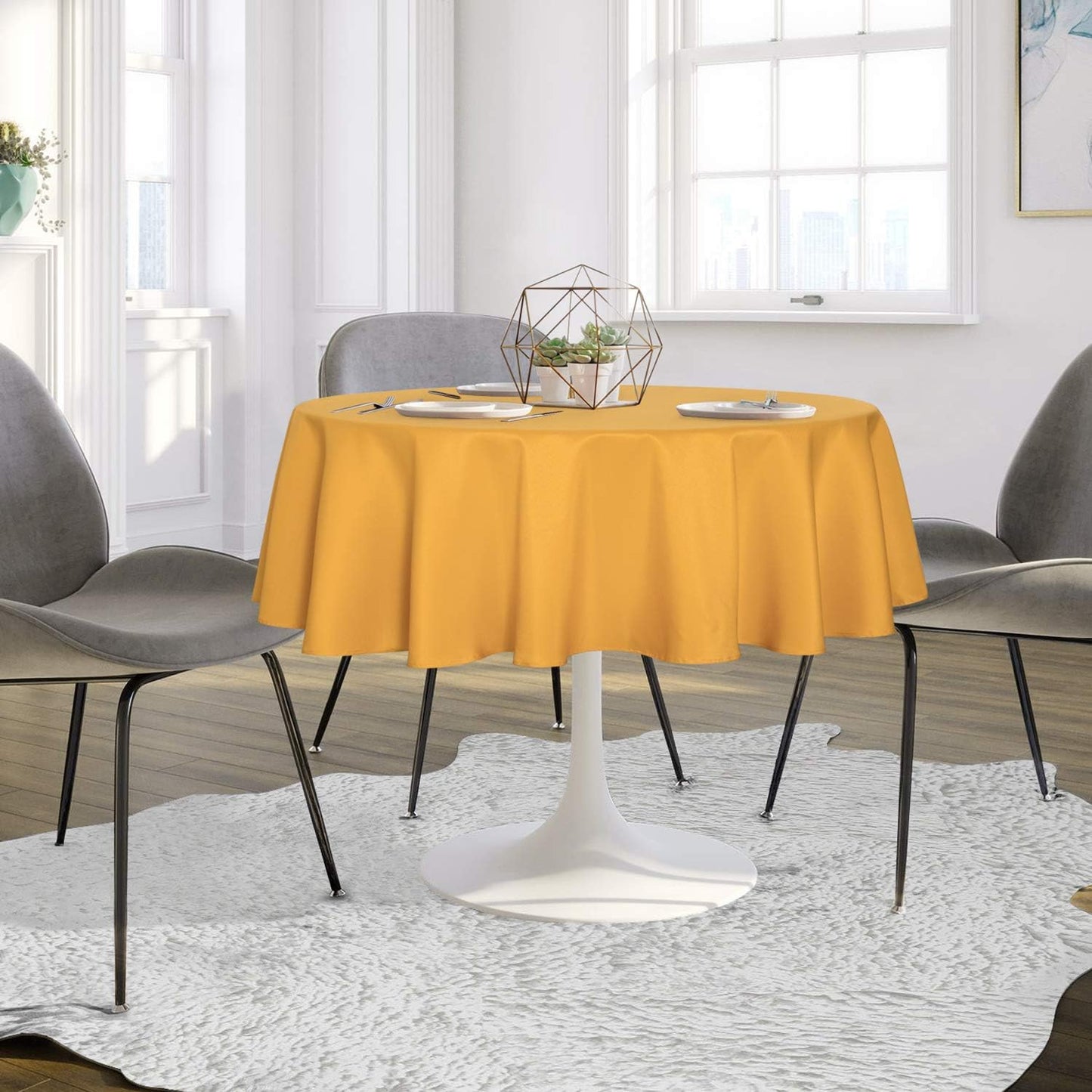 sancua Round Tablecloth - 70 Inch - Water Resistant Spill Proof Washable Polyester Table Cloth Decorative Fabric Table Cover for Dining Tables, Buffet Parties and Camping, Gold