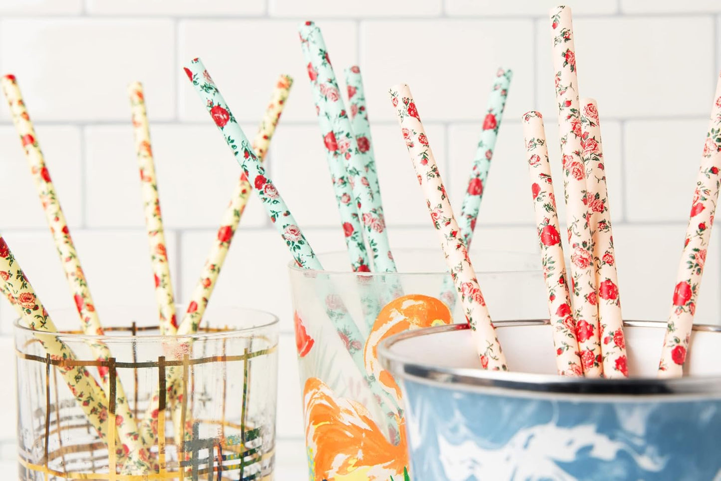75-Pack Eco-Friendly Biodegradable Paper Straws - Vintage Rose & Floral Design in Pink, Blue, Yellow - Disposable Straws for Parties By JPACO
