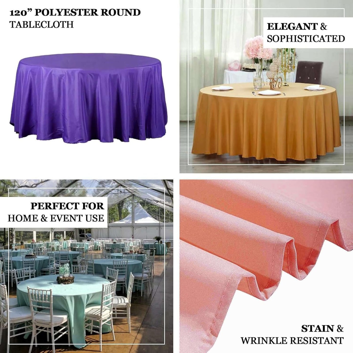 Efavormart Round Tablecloth, 120 Inch Stain & Wrinkle Resistant Washable Table Cloth, Decorative Polyester Fabric Table Cover for Banquet, Wedding, Dining - White