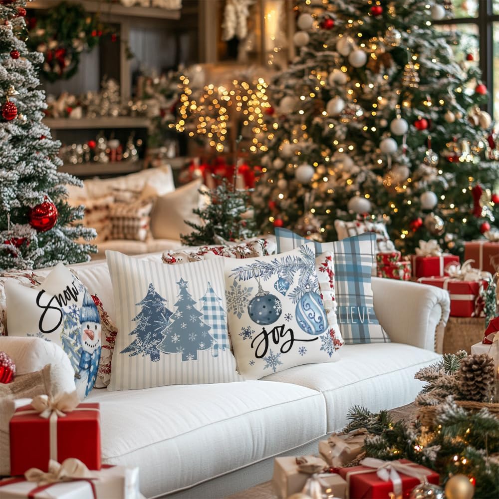 GEEORY Winter Christmas Throw Pillow Covers 18 x 18 Inch Set of 4, Xmas Trees Snowflake Snowman Joy Plaid Holiday Farmhouse Decorative Cushion Cases for Home Decoration G582-18