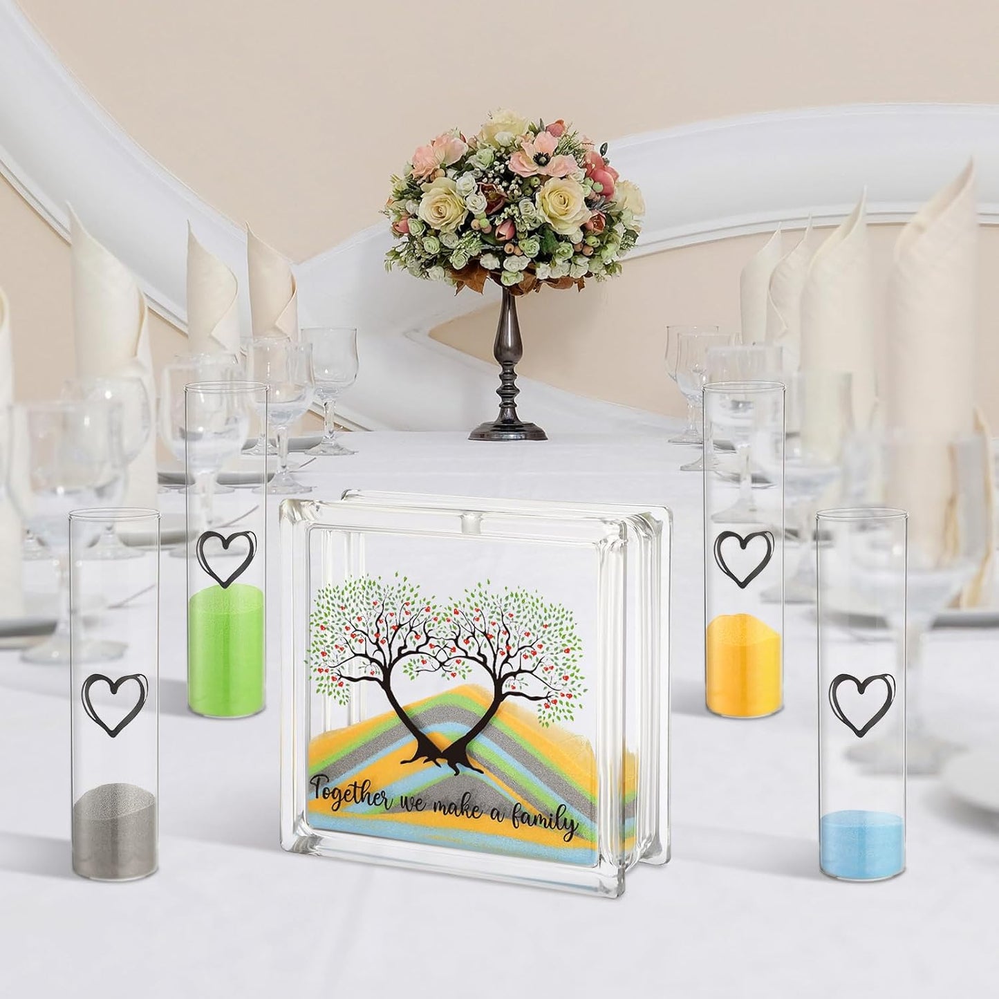 Wedding Unity Sand Set Include Vases Square Glass Jar Container 12 oz Sand for Blended Family Engagement Anniversary Bridal Party Outdoor Beach Decor(Classic Colors,Tree)