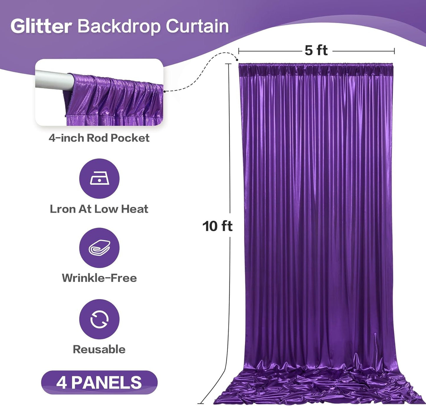 gogoparti 20x10FT Purple Sequin Backdrop Curtain - 4 Panels of 5x10FT Wrinkle-Free Glitter Drapes for Photography, Birthdays, Weddings & Graduations