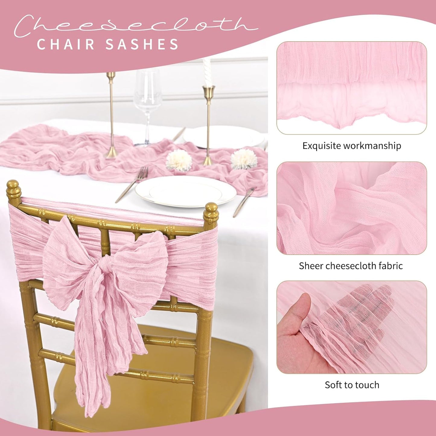 50 PCS Cheesecloth Chair Sashes, Bows Designed ChairSashes, 15.7x70 inch Chair Sashes for Aisle Decorations Universal Chairs Cover Decoration for Wedding Reception Party Banquet (Light Pink)
