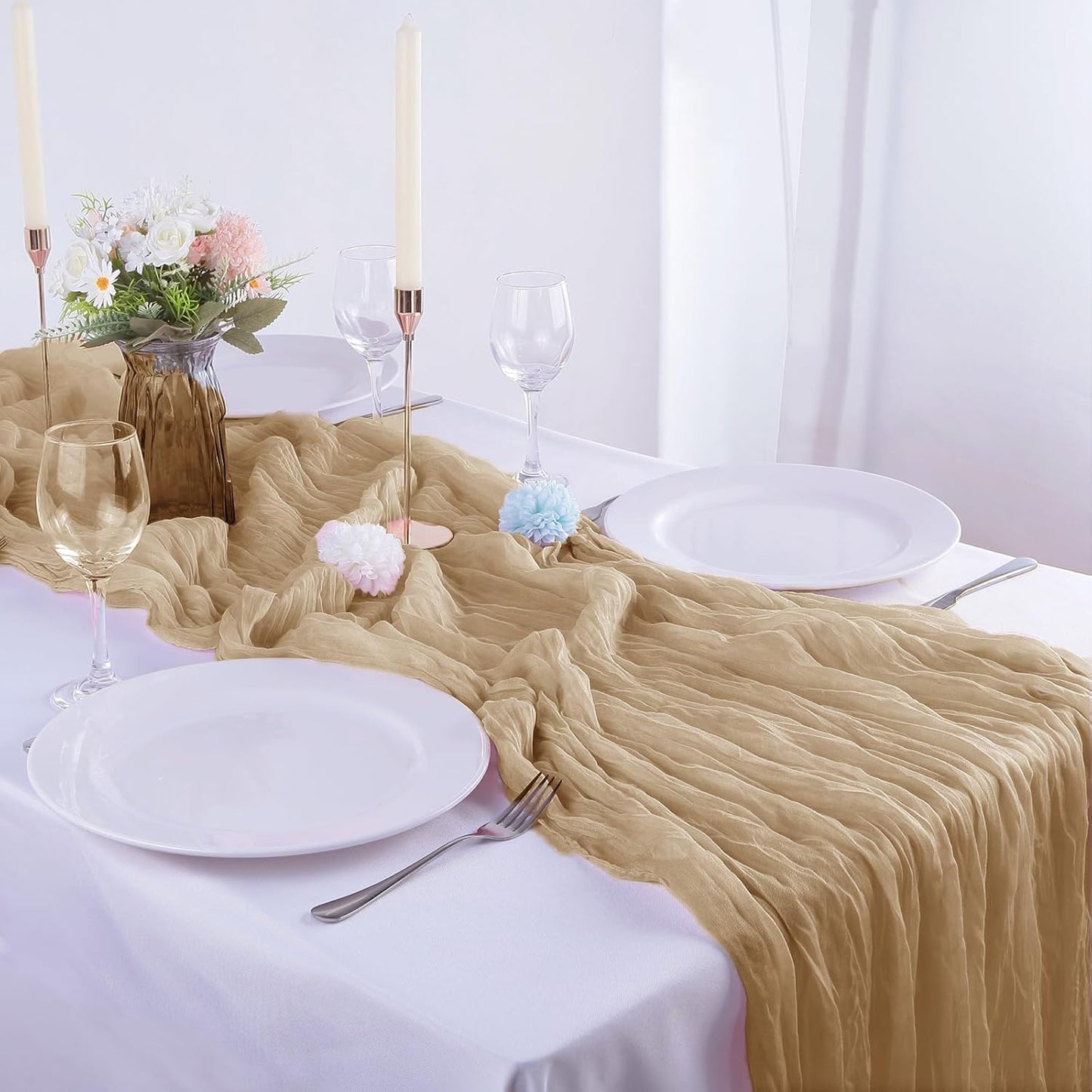 16PCS Beige Cheesecloth Table Runner - 35x120Inch Boho Gauze Cheese Cloth Table Runner Long Rustic Sheer Table Runners for Wedding Party Baby Bridal Shower Table Decor