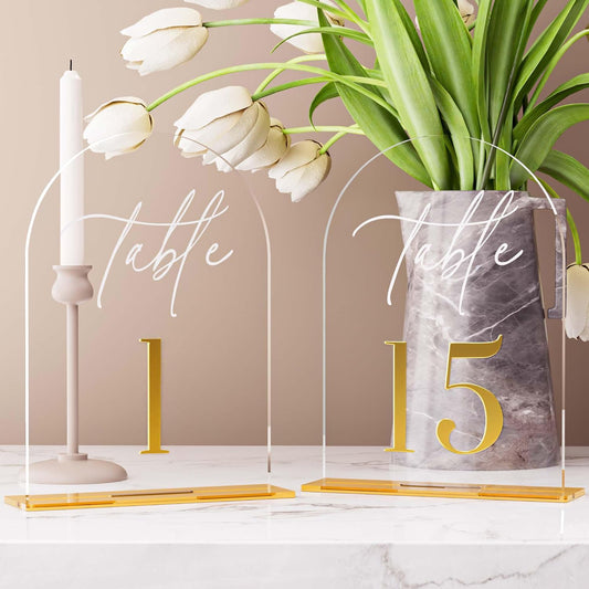 Arch Wedding Table Numbers 1-15 w/Stand, Gold 3D Table Numbers for Reception - 5.5" X 7" Elegant Acrylic Arch Sign with Holder, Perfect for Wedding, Anniversary, Banquet, and Event Decor