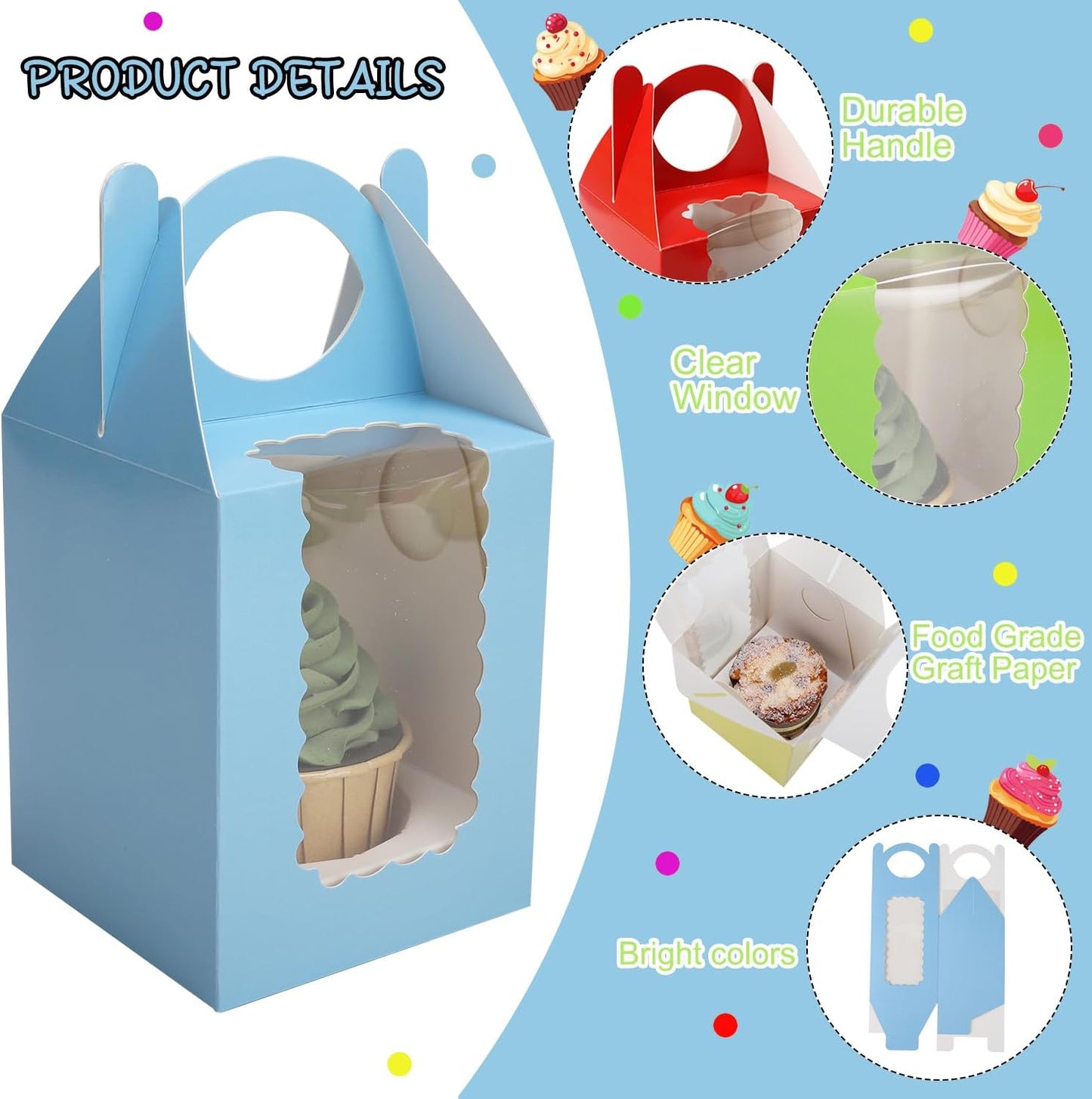 Individual Cupcake Boxes 4x4x5 Inches Disposable Pastry Tray Boxes, With Window Insert and Handle, Perfect for Parties, Birthdays, Bakery Wrapping and Events Containers (Green-50Pack)