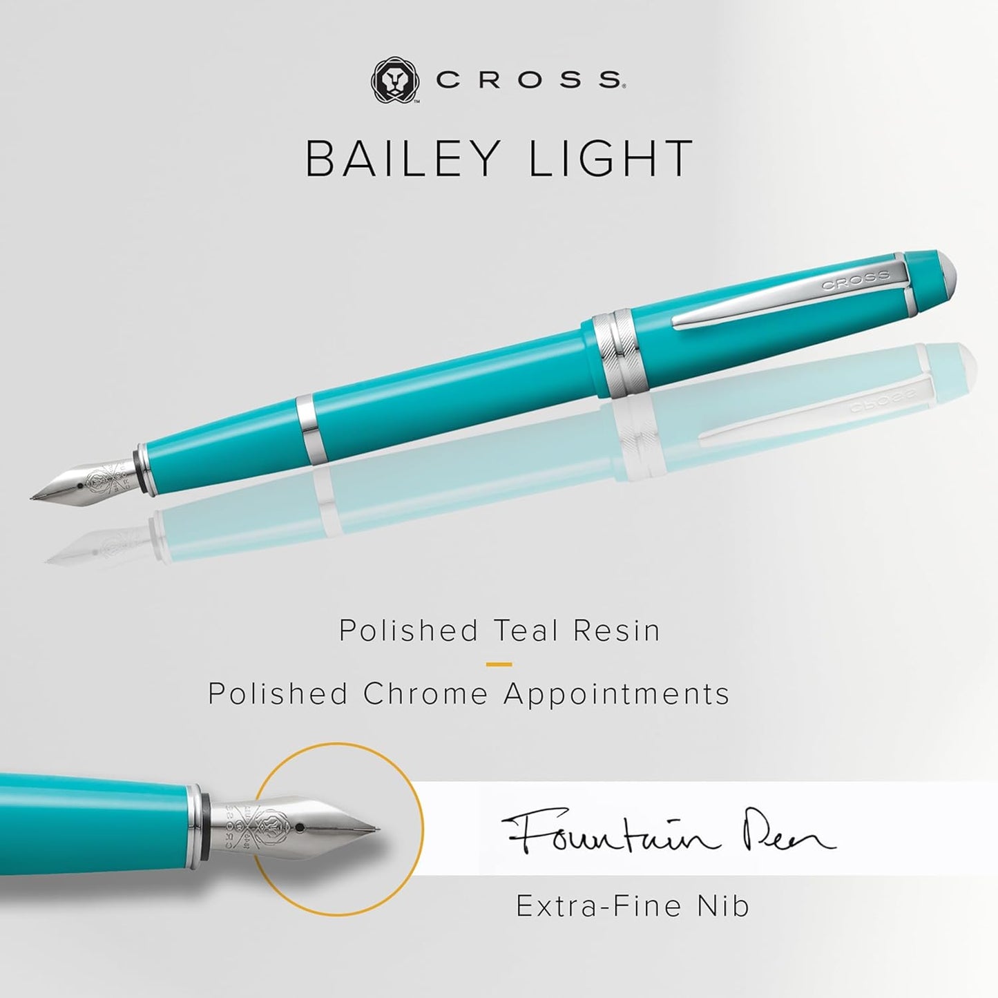 Cross Bailey Light Refillable Fountain Presented in a Everyday Gift Box - Medium Point, Black Ink, Polished Teal