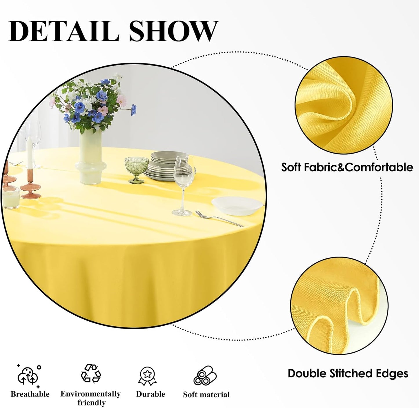 Round Tablecloth 6 Pack 108 Inch Yellow Tablecloths Washable Decorative Linen Polyester Table Clothes Cover for Dining Table Banquets Buffet Parties and Wedding