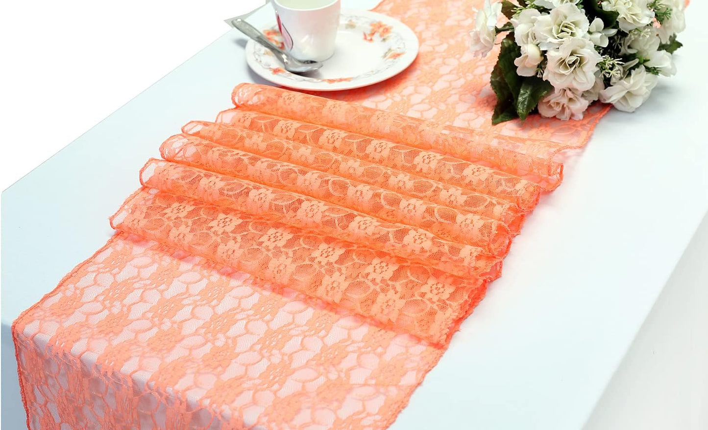 MDS Pack of 15 Wedding 12 x 108 inches Lace Table Runner for Wedding, Decorations for Birthday Parties, Banquets, Graduations, Engagements, and Runners fit Rectangle, Round Table- Peach