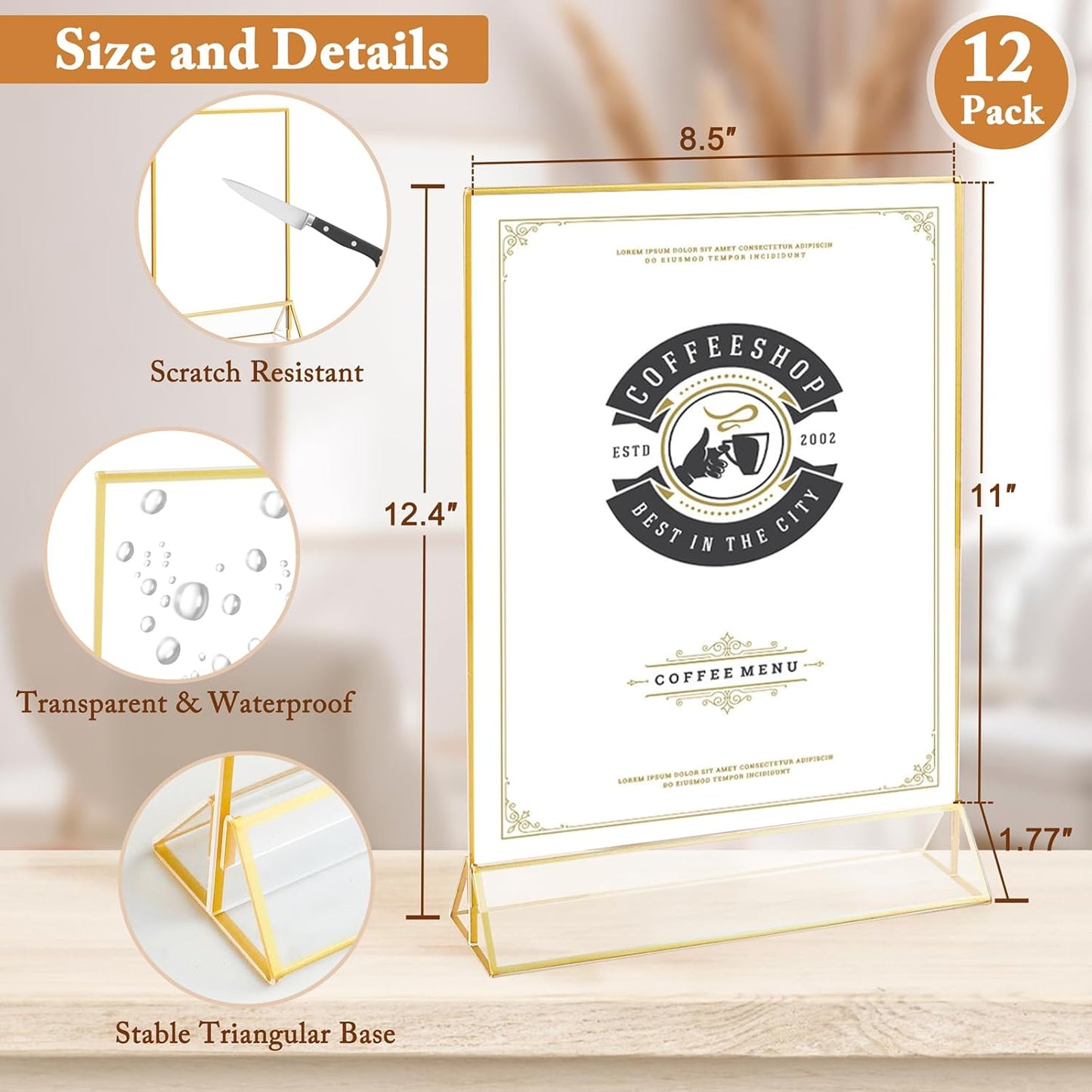 Floroom 12 Pack 8.5x11 Inch Clear Acrylic Sign Holders, Double-Sided Gold Display Stand Picture Frames for Table Numbers, Menus, Flyers, Weddings, and Offices