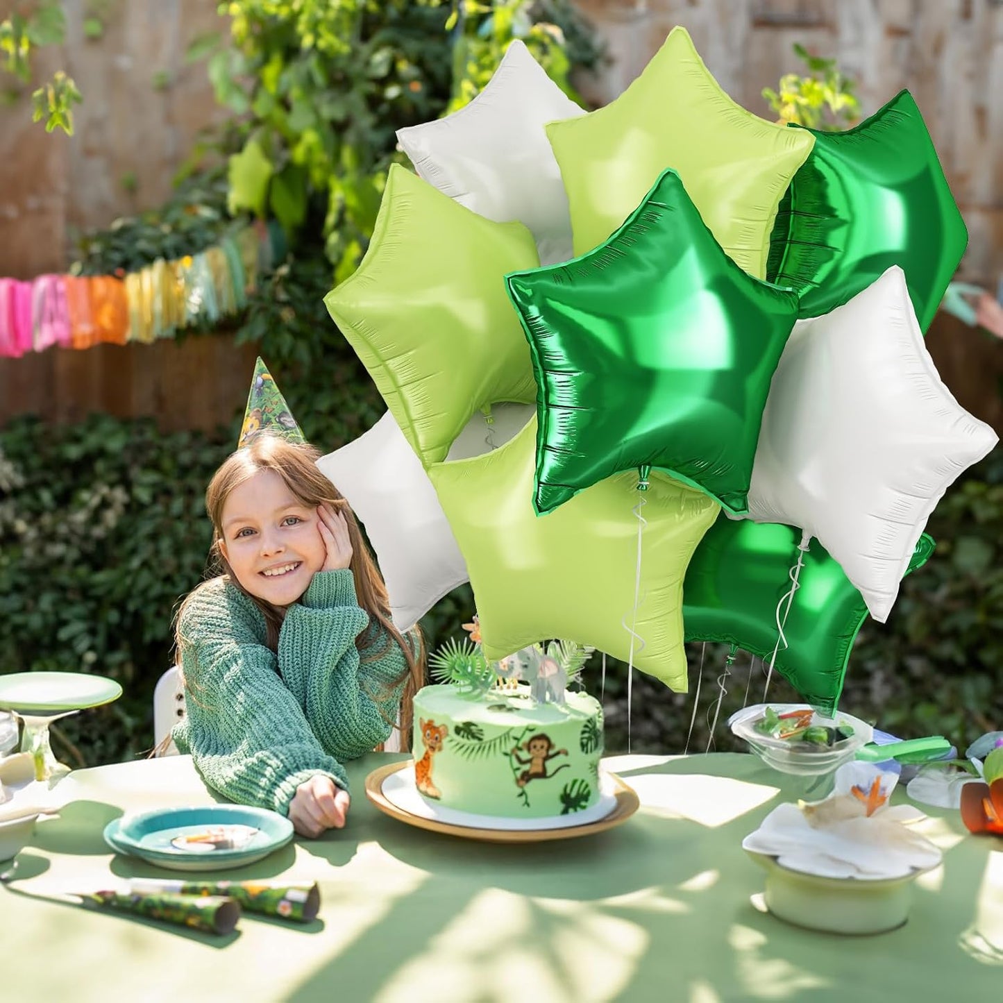 TAOYE Green Star Foil Balloons, 18 Inch Macaron Green Star Foil Balloons Dark Green Light Green White Pentagram Helium Balloons for Jungle Safari Animal Theme Kids Birthday Football Party Decoration
