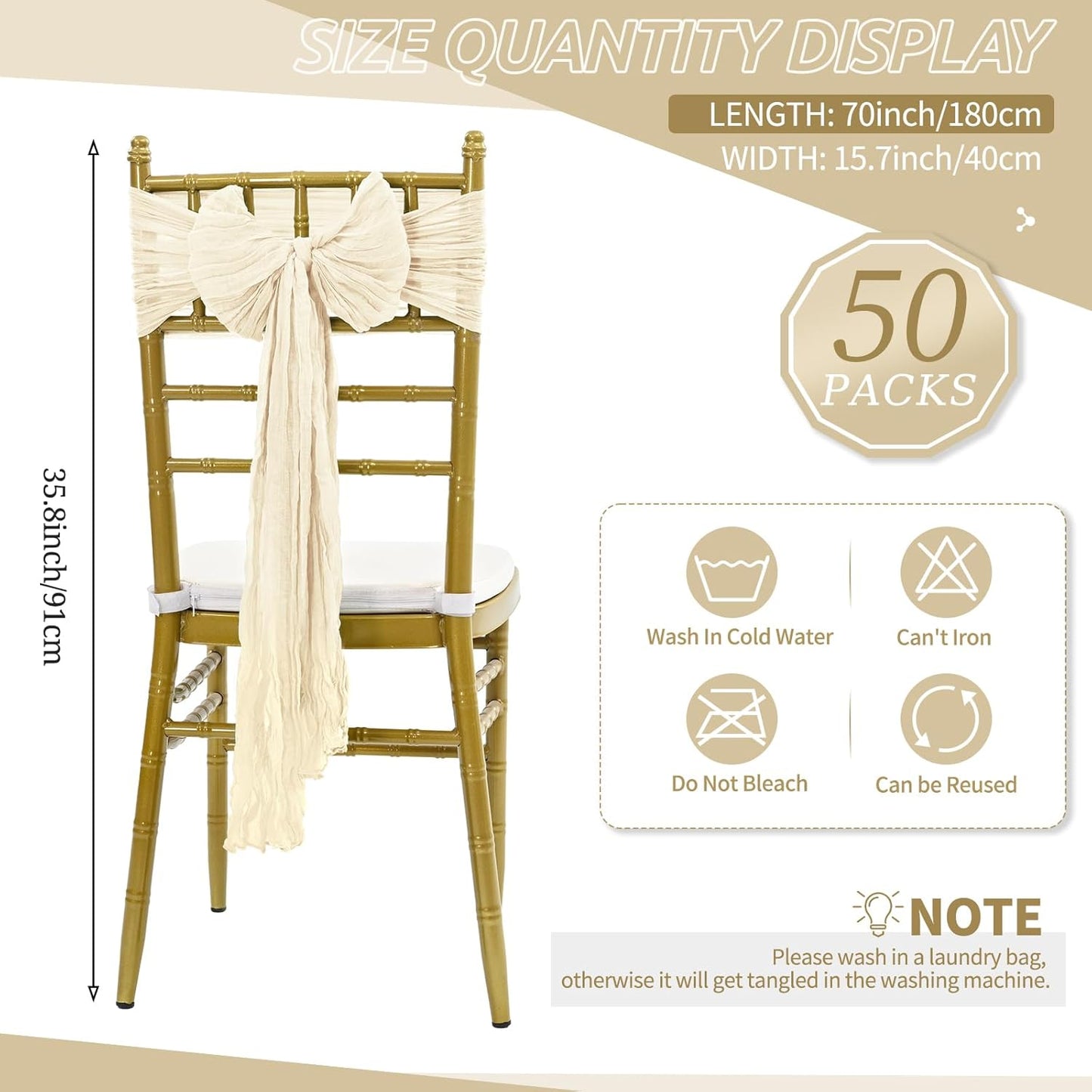 50 PCS Cheesecloth Chair Sashes Bows Wedding Aisle Decorations Chair Ribbon Ties Back Sash for Wedding Party Events Banquet Chair Cover Decoration (Ivory)