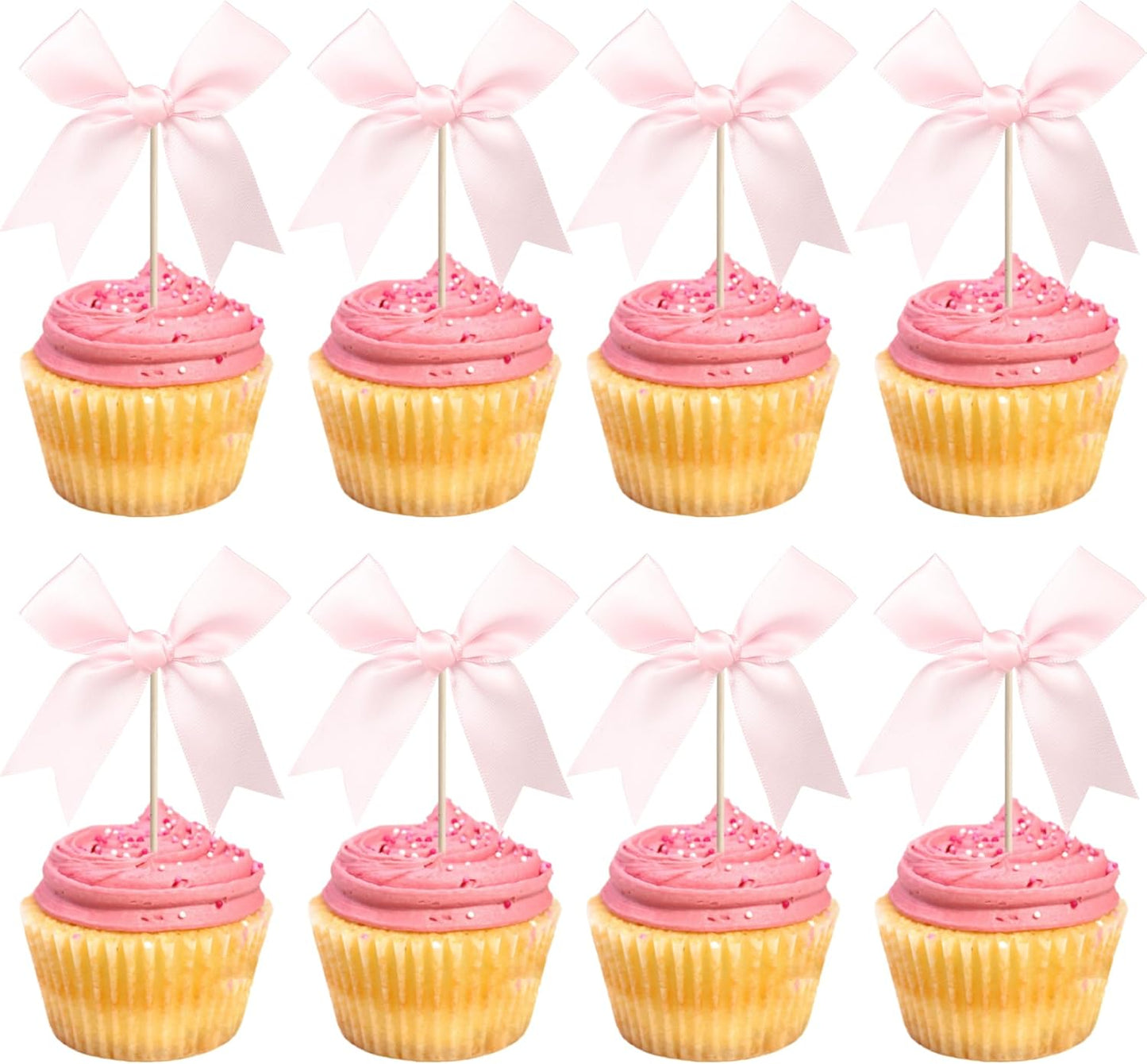 24 PCS Bow Cupcake Toppers Bowknot Coquette Bow Girls Birthday Cake Decorations Bow Cake Toppers Bowknot Cupcake Picks for Baby Shower Birthday Wedding Bridal Engagement Party Supplies Pink