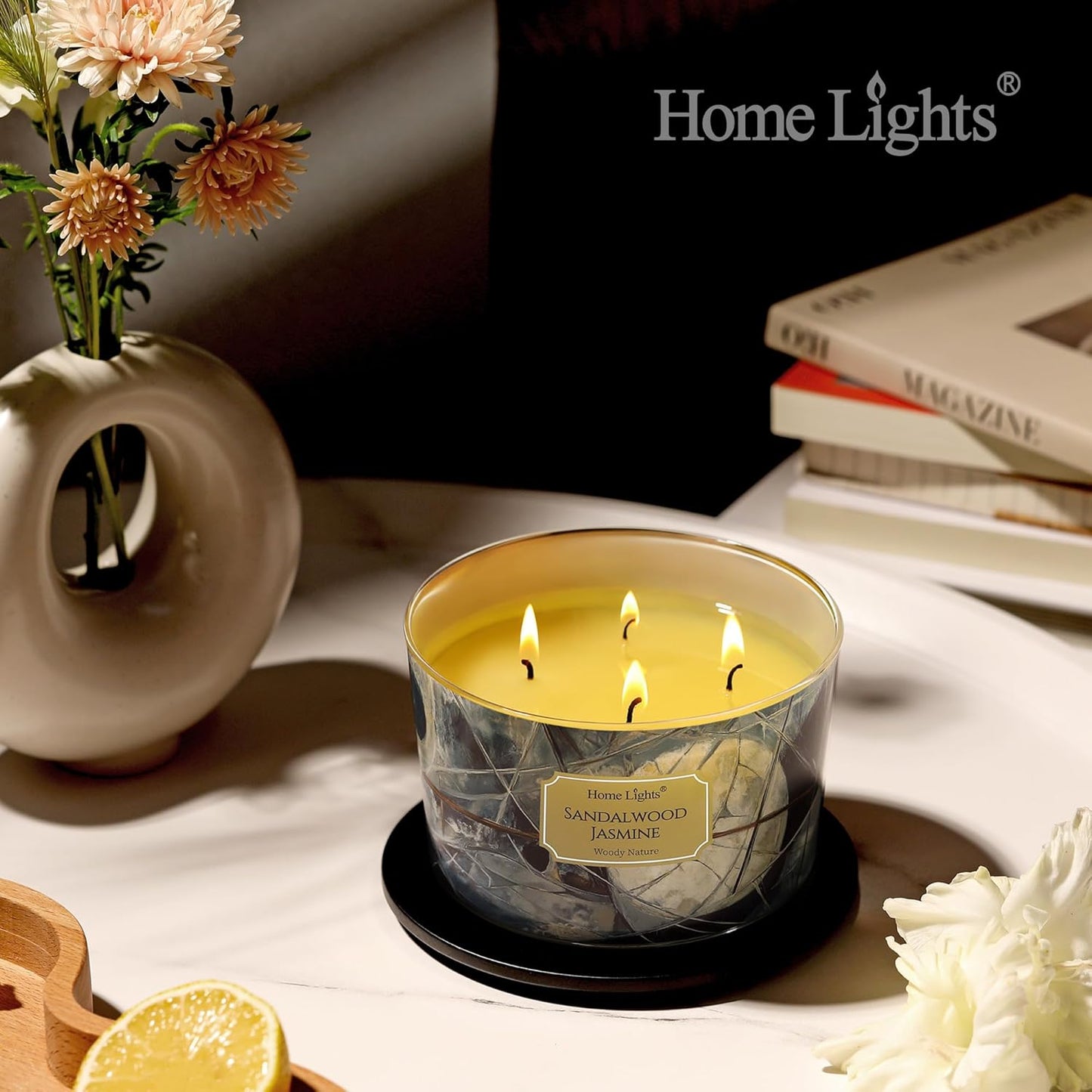 HomeLights Soy Wax Candles for Home Scented, 4-Wick Candles in Sandalwood Jasmine Scented, Industrial Chic Aromatherapy Candles Gift for Parties, Relaxing, 18oz