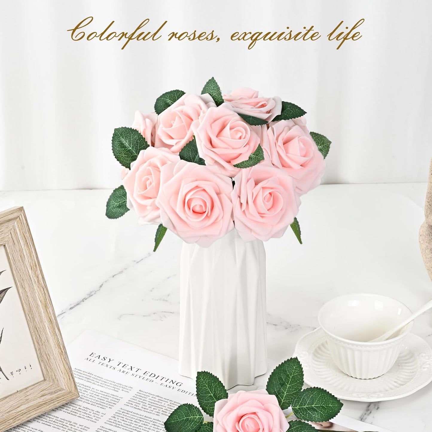 BLEUM CADE 16Pcs Artificial Flowers Fake Roses with Stems, Pink Boxed Foam Roses for DIY Bouquets Centerpieces Wedding Party Arrangement Bridal Shower Decor