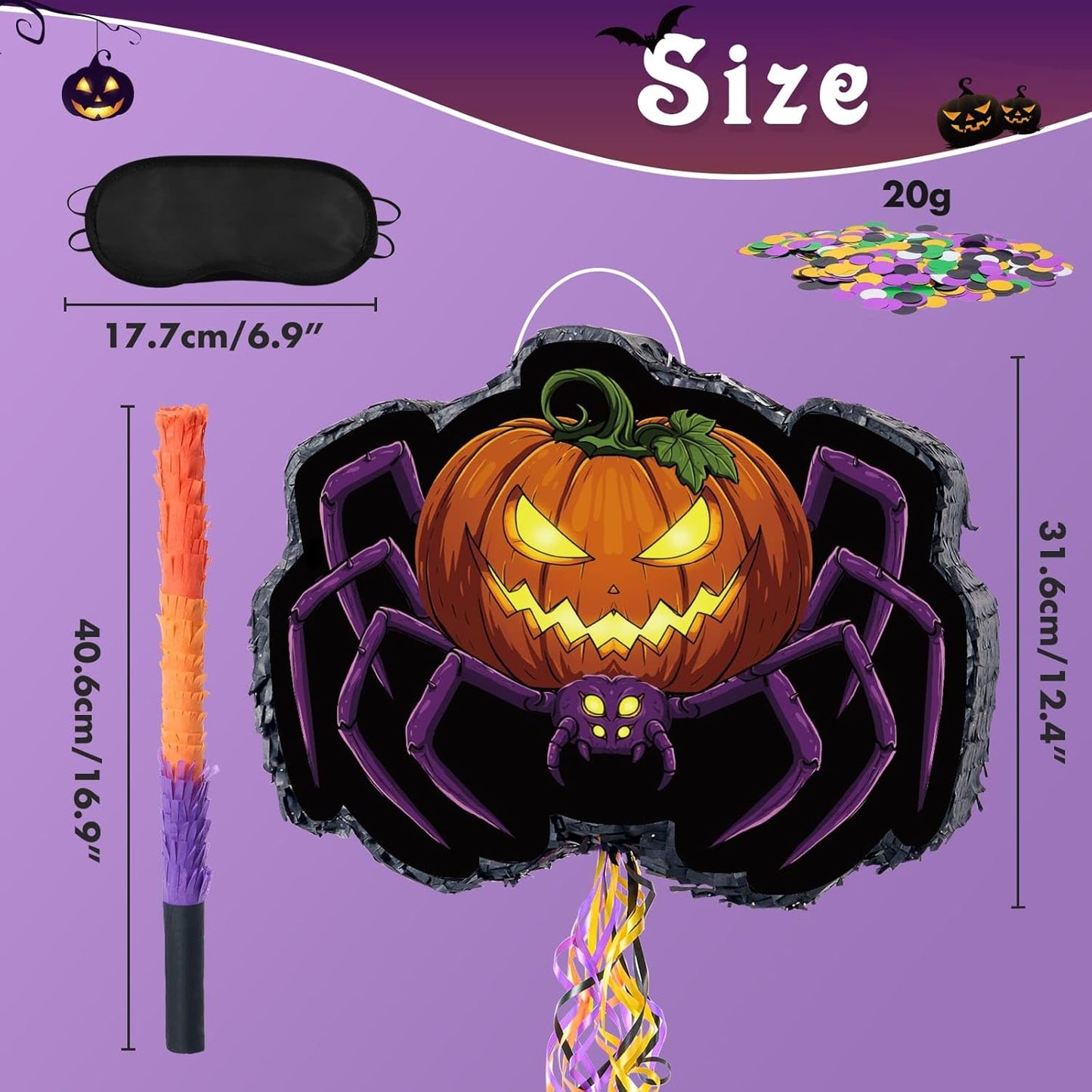 WERNNSAI Halloween Spider Piñata - Pumpkin Spider Pinata Halloween Theme Party Decorations for Kids Jack O Lantern Wicked Pumpkin Party Games with Bat Blindfold