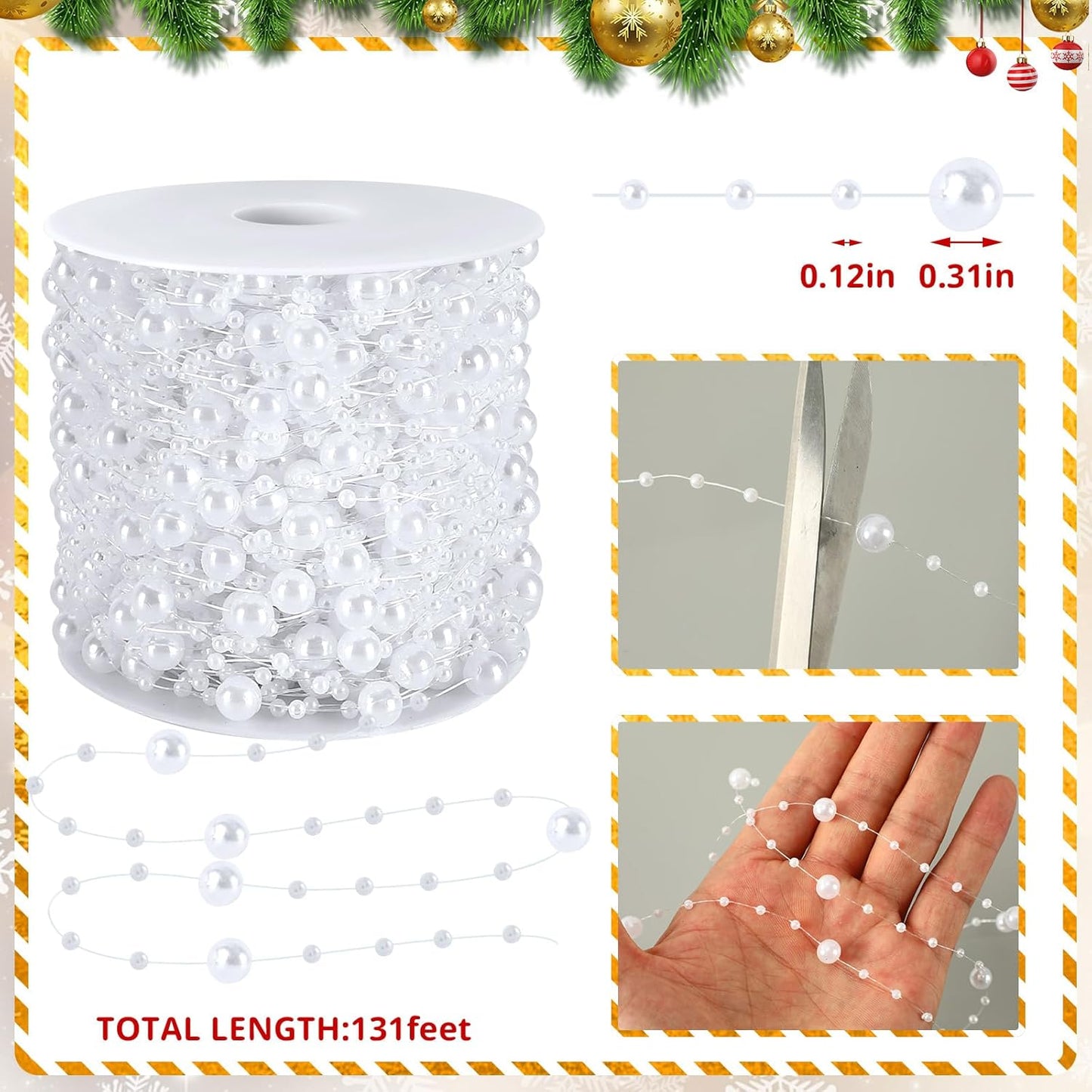 JULBEAR Beads Garland Decoration,1Rolls 131Feet White Christmas Pearl Strands Chain Bead Garland for Christmas Tree Fireplace Wreath Gift Bouquet Crafts Wrapping Wedding Party Centerpieces Decoration